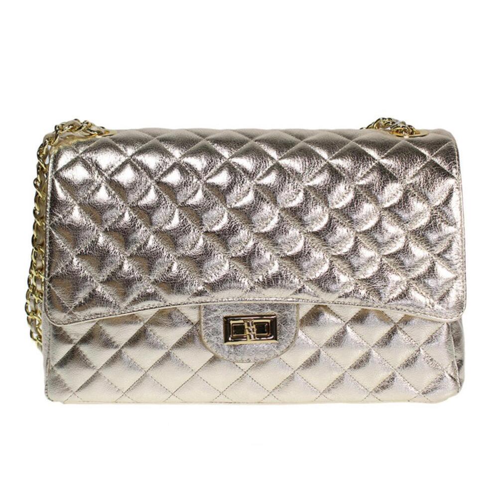 Handmade Quilted Metallic Gold Italian Leather Shoulder Bag Handbag Chain Strap